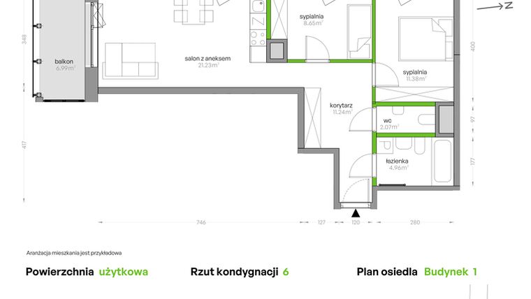 Rzut - Mieszkanie na sprzedaż 3 pokoje o powierzchni 59,53 m² - numer SV/55 w Sikorskiego Vita