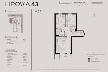 Rzut - Mieszkanie na sprzedaż 3 pokoje o powierzchni 69,21 m² - numer M.2.2 w Lipowa 43