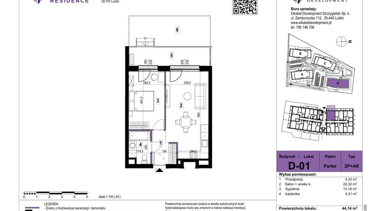 Rzut - Mieszkanie na sprzedaż 2 pokoje o powierzchni 44,14 m² - numer D-01 w Szerokie Residence