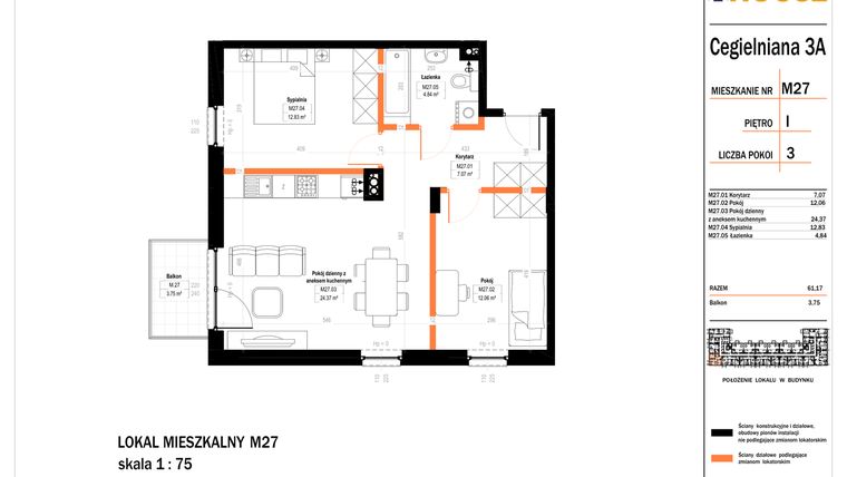 Rzut - Mieszkanie na sprzedaż 3 pokoje o powierzchni 61,17 m² - numer 27 w Osiedle StaLove etap II