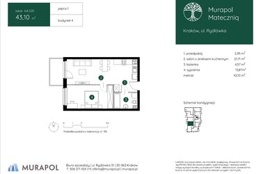 Rzut - Mieszkanie na sprzedaż 2 pokoje o powierzchni 43,1 m² - numer 4.A.1.05 w Murapol Mateczniq bud. 4