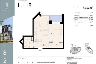 Rzut - Mieszkanie na sprzedaż 2 pokoje o powierzchni 41,93 m² - numer L118 w Sky Trust etap II - apartamenty inwestycyjne 23% VAT PRS