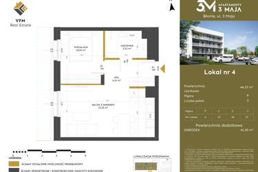 Rzut - Mieszkanie na sprzedaż 2 pokoje o powierzchni 44,22 m² - numer 4 w Apartamenty 3 Maja
