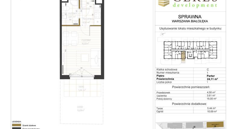 Rzut - Mieszkanie na sprzedaż 1 pokój o powierzchni 24,11 m² - numer C1 w Osiedle Sprawna