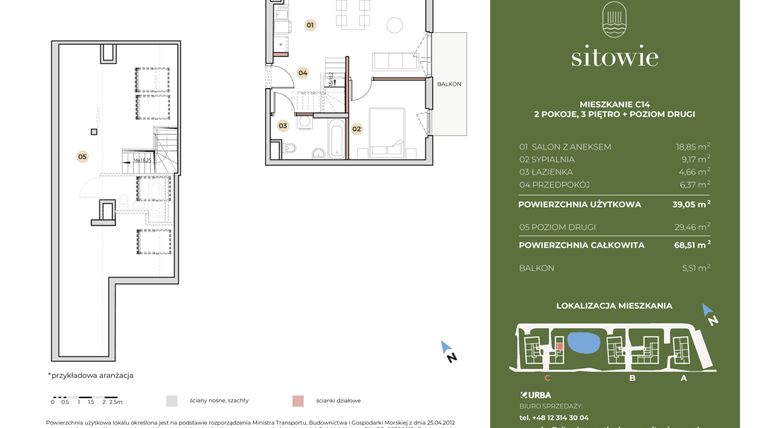 Rzut - Mieszkanie na sprzedaż 3 pokoje o powierzchni 68,51 m² - numer C14 w Sitowie