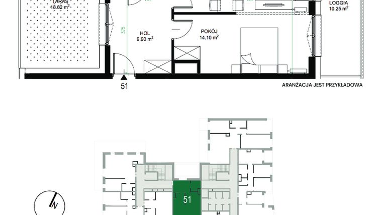 Rzut - Mieszkanie na sprzedaż 2 pokoje o powierzchni 49 m² - numer 51. w Ułanów 58