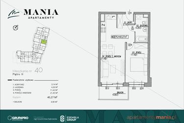 Rzut - Mieszkanie na sprzedaż 2 pokoje o powierzchni 40,27 m² - numer 40 w MANIA Apartamenty