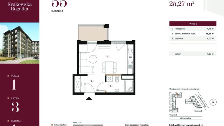 Rzut - Mieszkanie na sprzedaż 1 pokój o powierzchni 25,27 m² - numer 1.M55 w Krakowska Rogatka