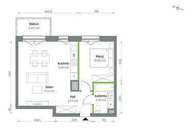 Rzut - Mieszkanie na sprzedaż 2 pokoje o powierzchni 45,42 m² - numer 1/A/2/75 w Oliwska Vita