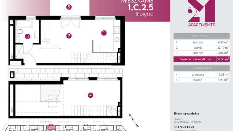 Rzut - Mieszkanie na sprzedaż 2 pokoje o powierzchni 48,56 m² - numer 1.C.2.5 w Maślice Wrocław Milo Dobry Deweloper etap IV