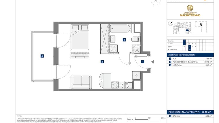 Rzut - Mieszkanie na sprzedaż 1 pokój o powierzchni 30,59 m² - numer F-10 w Apartamenty Park Matecznego Etap 2