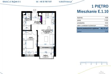 Rzut - Mieszkanie na sprzedaż 2 pokoje o powierzchni 40,15 m² - numer E.1.10 w Wzgórze Poetów 2