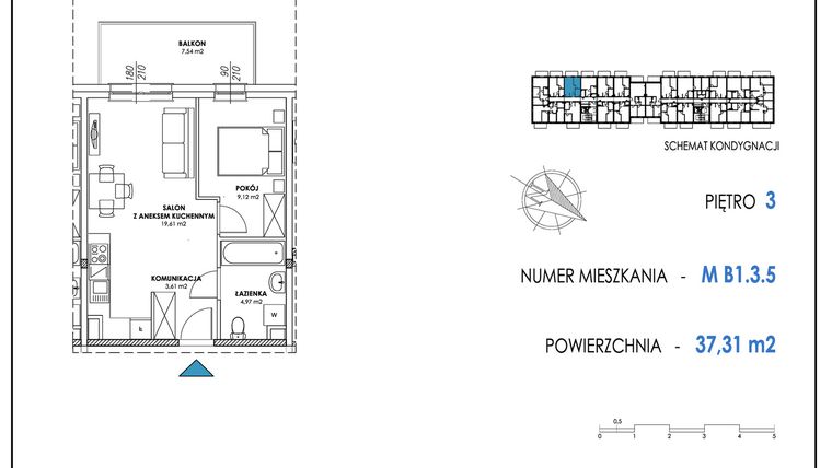 Rzut - Mieszkanie na sprzedaż 2 pokoje o powierzchni 37,31 m² - numer B1.3.5 w Apartamenty Nowe Miasto