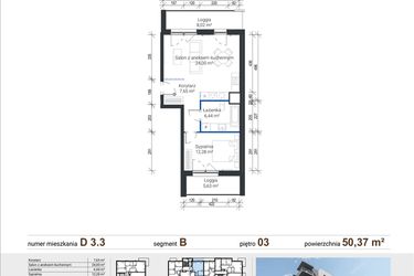 Rzut - Mieszkanie na sprzedaż 2 pokoje o powierzchni 50,37 m² - numer D 3.3 w Nowe Zabłocie