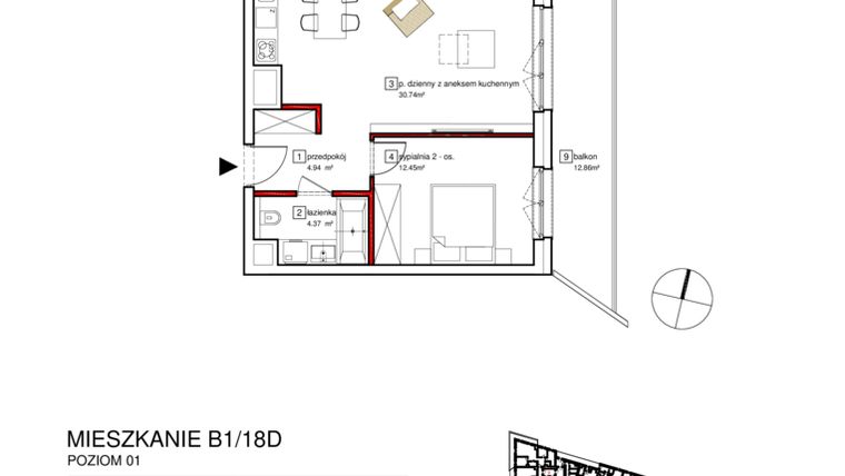 Rzut - Mieszkanie na sprzedaż 2 pokoje o powierzchni 54,02 m² - numer B1.18D w Francuska Park VII