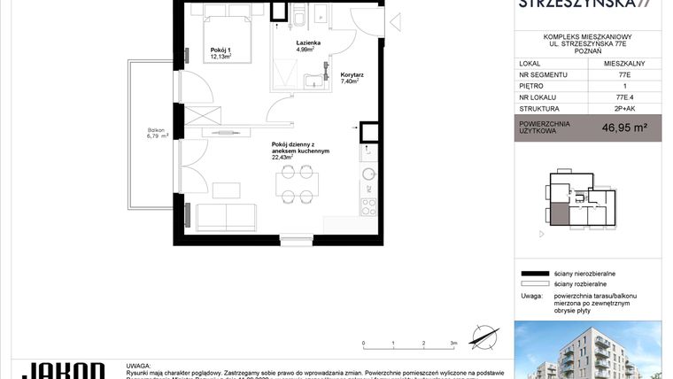 Rzut - Mieszkanie na sprzedaż 2 pokoje o powierzchni 46,95 m² - numer 77E.4 w Strzeszyńska 77