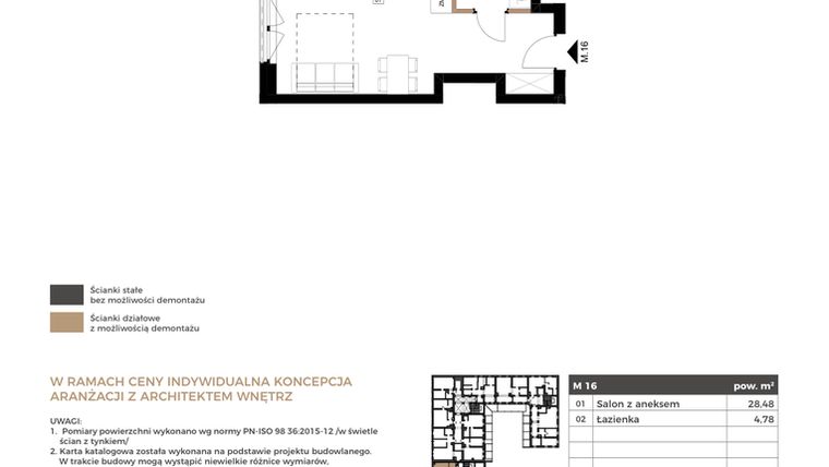 Rzut - Mieszkanie na sprzedaż 1 pokój o powierzchni 33,26 m² - numer M16 w Apartamenty Królewska Huta