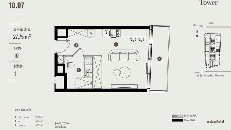 Rzut - Mieszkanie na sprzedaż 1 pokój o powierzchni 27,75 m² - numer 10.07 w Quorum Tower