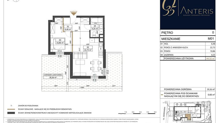 Rzut - Mieszkanie na sprzedaż 2 pokoje o powierzchni 44,32 m² - numer M.01 w Ożarowska 35