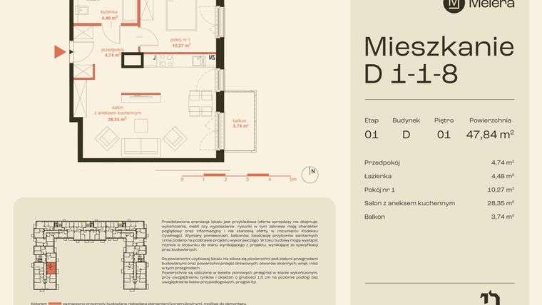 Rzut - Mieszkanie na sprzedaż 2 pokoje o powierzchni 47,84 m² - numer D1-1-8 w Osiedle Meiera