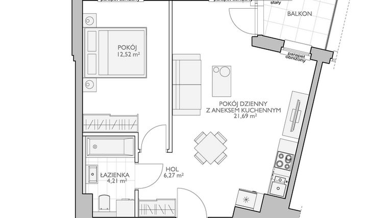 Rzut - Mieszkanie na sprzedaż 2 pokoje o powierzchni 45,78 m² - numer WO/O18/30 w Wiszące Ogrody