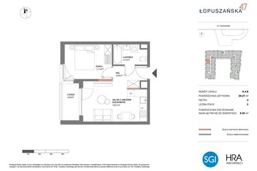 Rzut - Mieszkanie na sprzedaż 2 pokoje o powierzchni 39,27 m² - numer H.4.8 w Łopuszańska 47 - etap 3