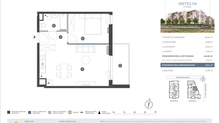 Rzut - Mieszkanie na sprzedaż 2 pokoje o powierzchni 44,56 m² - numer 1A.1A.21 w Astelia Park etap 1A i 3