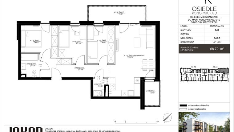Rzut - Mieszkanie na sprzedaż 3 pokoje o powierzchni 68,72 m² - numer 34D.7 w Osiedle Konopnickiej