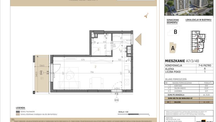 Rzut - Mieszkanie na sprzedaż 1 pokój o powierzchni 31,23 m² - numer A7/3/48 w GEMINI G-7