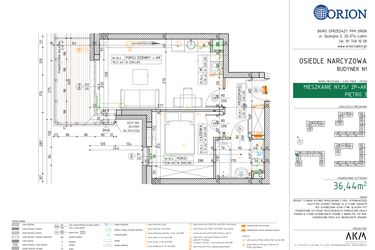 Rzut - Mieszkanie na sprzedaż 2 pokoje o powierzchni 36,44 m² - numer N1.35 w Osiedle Narcyzowe etap 2