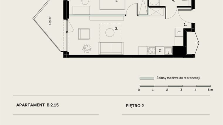 Rzut - Mieszkanie na sprzedaż 2 pokoje o powierzchni 45,28 m² - numer B/2/15 w Ogrodowa 12