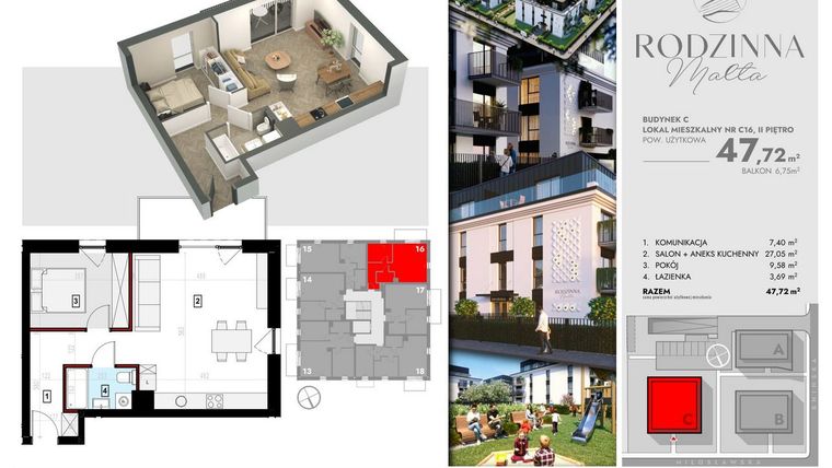 Rzut - Mieszkanie na sprzedaż 2 pokoje o powierzchni 47,72 m² - numer C16 w Rodzinna Malta
