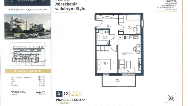 Rzut - Mieszkanie na sprzedaż 3 pokoje o powierzchni 53,37 m² - numer A12 w Mickiewicza
