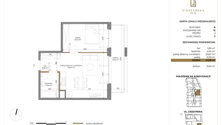 Rzut - Mieszkanie na sprzedaż 2 pokoje o powierzchni 41,09 m² - numer B-15 w Cieszyńska 9 budynek B i C