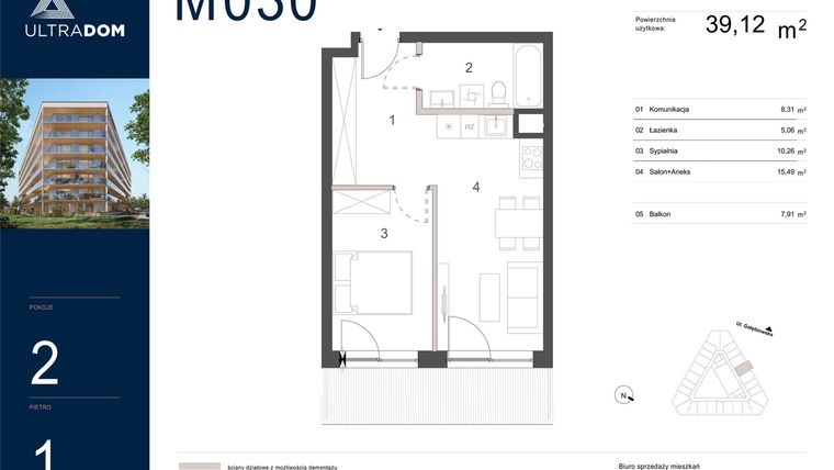Rzut - Mieszkanie na sprzedaż 2 pokoje o powierzchni 39,12 m² - numer M030 w Ultradom
