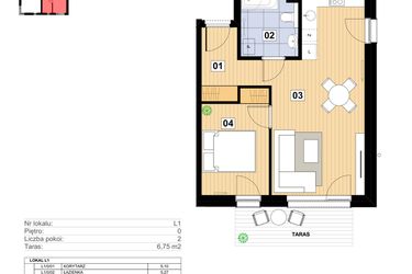 Rzut - Mieszkanie na sprzedaż 2 pokoje o powierzchni 44,71 m² - numer L-1 w Mickiewicza 21 Residence