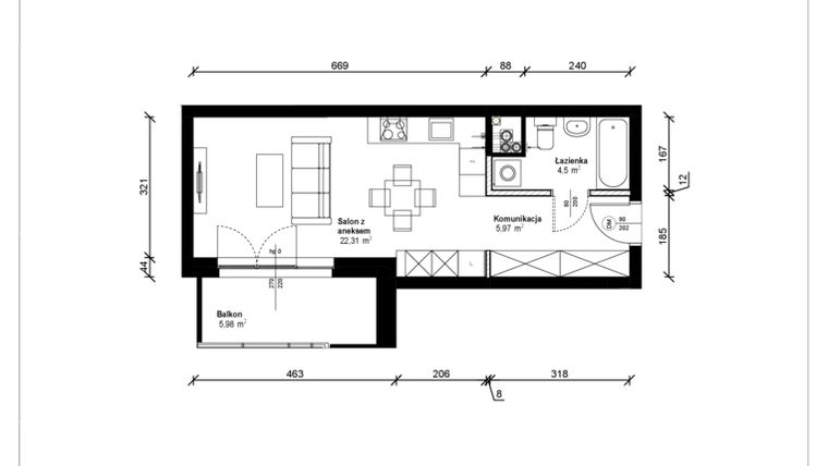 Rzut - Mieszkanie na sprzedaż 1 pokój o powierzchni 33,31 m² - numer B.1.22.1a w ATRIUM