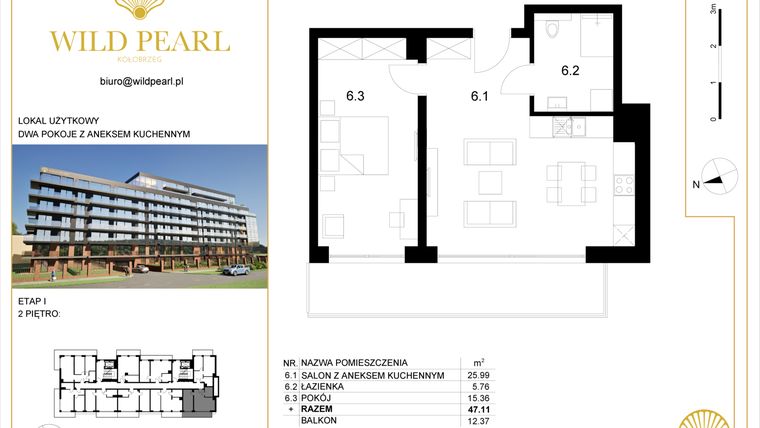 Rzut - Mieszkanie na sprzedaż 2 pokoje o powierzchni 47,11 m² - numer 2.6 w Wild Pearl - apartamenty inwestycyjne