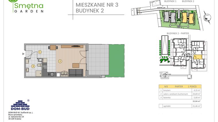 Rzut - Mieszkanie na sprzedaż 1 pokój o powierzchni 33,84 m² - numer 3 w Smętna Garden