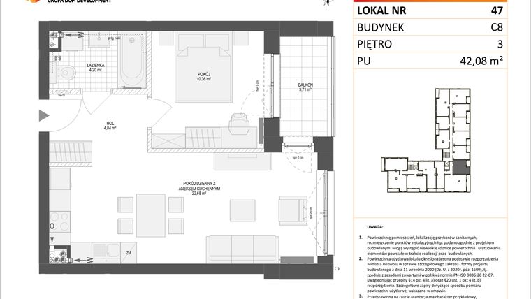Rzut - Mieszkanie na sprzedaż 2 pokoje o powierzchni 42,08 m² - numer C8.47 w Konstelacja etap IV