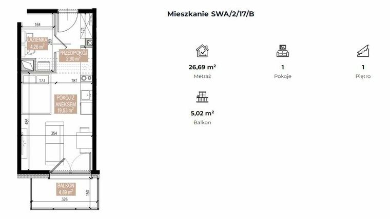 Rzut - Mieszkanie na sprzedaż 1 pokój o powierzchni 26,65 m² - numer SWA/2/17/B w Apartamenty Świeradowska