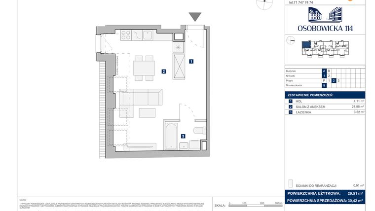 Rzut - Mieszkanie na sprzedaż 1 pokój o powierzchni 30,42 m² - numer A.9 w Osobowicka 114