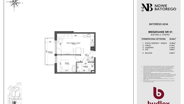 Rzut - Mieszkanie na sprzedaż 2 pokoje o powierzchni 35,66 m² - numer A51 w Nowe Batorego 2
