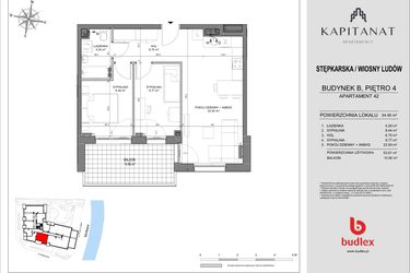 Rzut - Mieszkanie na sprzedaż 3 pokoje o powierzchni 54,95 m² - numer 42.B w Kapitanat Apartamenty