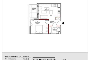 Rzut - Mieszkanie na sprzedaż 2 pokoje o powierzchni 38,91 m² - numer D1.1.1.3 w Nowy Targówek VI