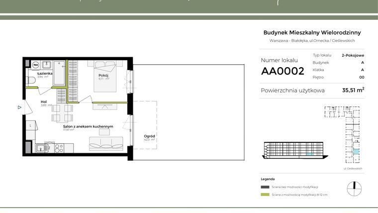 Rzut - Mieszkanie na sprzedaż 2 pokoje o powierzchni 35,51 m² - numer AA0002 w Orneko