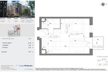 Rzut - Mieszkanie na sprzedaż 1 pokój o powierzchni 35,18 m² - numer I-C39 w Industria etap I-D oraz I-C