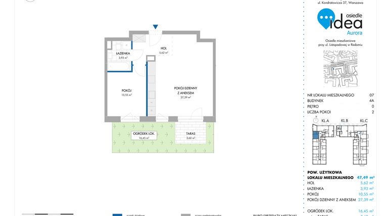 Rzut - Mieszkanie na sprzedaż 2 pokoje o powierzchni 47,49 m² - numer 7.4A w Osiedle Idea Aurora