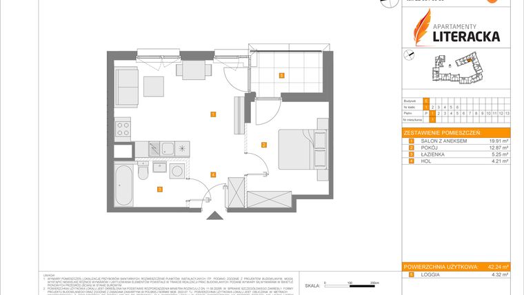 Rzut - Mieszkanie na sprzedaż 2 pokoje o powierzchni 42,24 m² - numer E.1 w Apartamenty Literacka etap 2.2