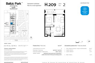 Rzut - Mieszkanie na sprzedaż 2 pokoje o powierzchni 37 m² - numer H.209 w Baltic Park Loft
